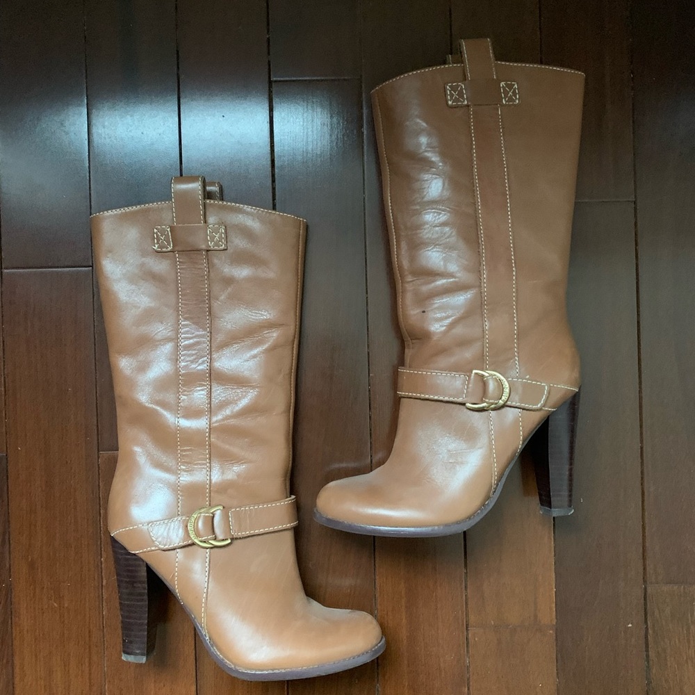 Ralph Lauren mid calf thick heel tan boots size 6 1/2 heel 3” never worn